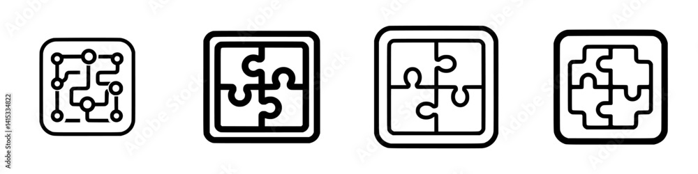 Vector illustration of interconnected puzzle icons showcasing various designs and shapes in a modern and simplistic style Vector illustration of interconnected puzzle icons showcasing various designs and shapes in a modern and simplistic style