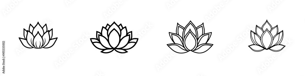Elegant vector illustration icons of lotus flowers in four distinct styles, showcasing beauty and serenity for various uses Elegant vector illustration icons of lotus flowers in four distinct styles, showcasing beauty and serenity for various uses
