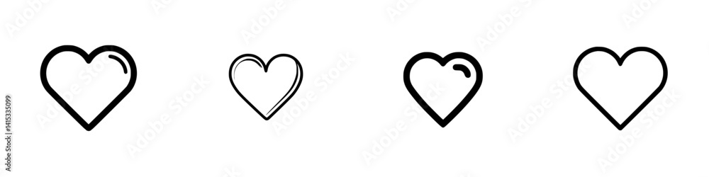 Vector illustration of four diverse heart icons showcasing various styles and designs for digital and print use Vector illustration of four diverse heart icons showcasing various styles and designs for digital and print use