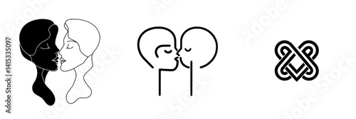Couples expressing love through minimalistic vector illustrations showcasing kissing and symbolic connection