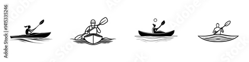 Diverse kayaking activities with individual paddlers navigating through calm waters in a vector illustration style