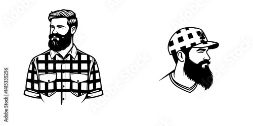 Stylish vector illustration of two bearded men in plaid shirts showcasing modern fashion for casual outings