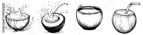 Refreshing coconut drinks illustrated with splashes and various styles showcasing summer enjoyment
