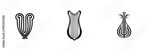 Vector illustration of three unique lyre designs showcasing different styles and shapes for potential musical instrument branding