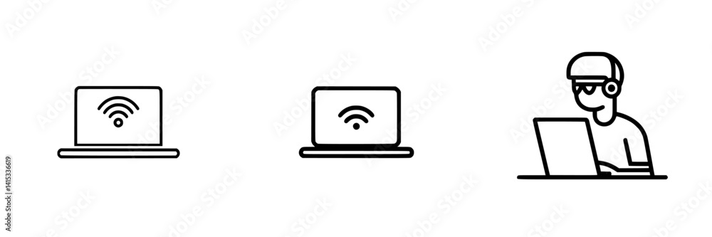 Vector illustration of a person using a laptop with Wi-Fi connection in a modern workspace environment Vector illustration of a person using a laptop with Wi-Fi connection in a modern workspace environment