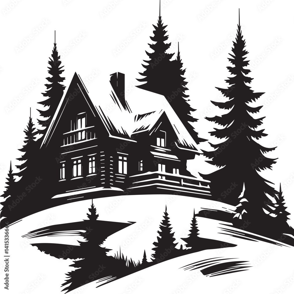 Obraz premium Silhouette of a peaceful winter cabin with smoke rising, pine trees around, on a white snowy hill. with white background