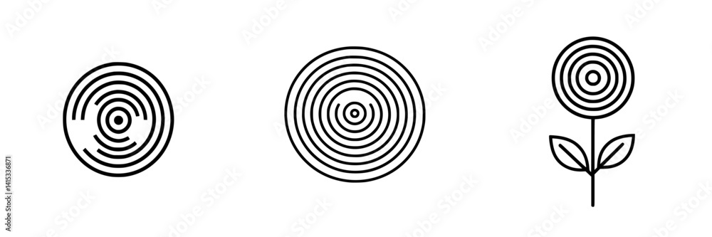 Vector illustration icon showcasing three circular patterns, including a flower design, symbolizing nature and growth in a minimalist style Vector illustration icon showcasing three circular patterns, including a flower design, symbolizing nature and growth in a minimalist style