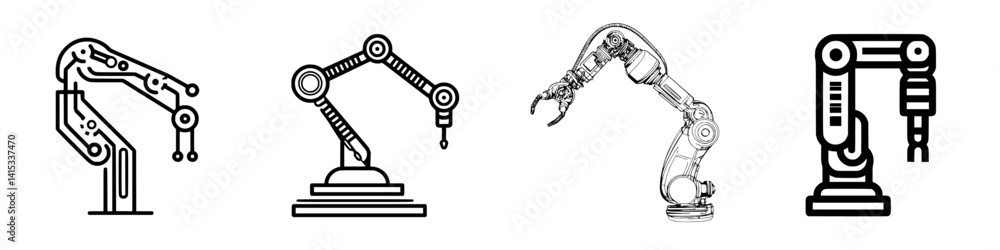 Vector illustration icons of robotic arms showing various designs suitable for technology or automation projects