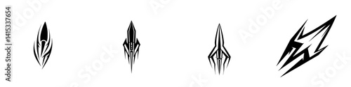 Stylized vector illustrations of sleek, dynamic rocket shapes in a minimalist black and white design for modern graphics