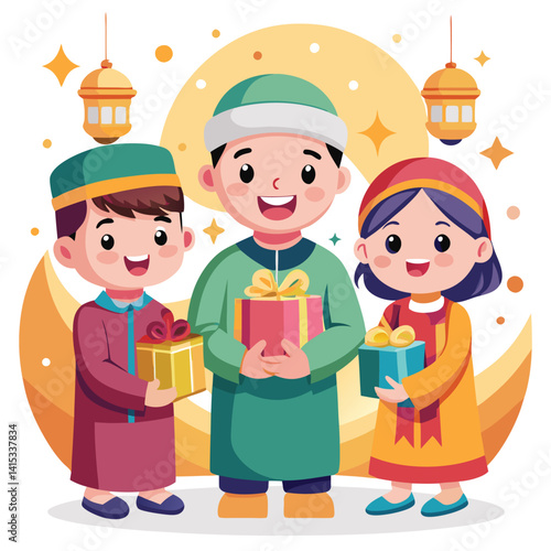 Children celebrating with gifts under a crescent moon