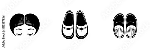 Vector illustration of a woman?s hair, stylish shoes, and comfortable slippers in a minimalist design for casual wear