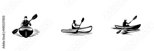 Vector illustration of diverse kayakers paddling in different styles on calm waters