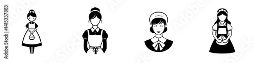 Diverse vector illustration icons representing female housekeepers and maids in various traditional styles in a minimalist design