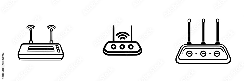 Vector illustration icons of wireless routers showcasing different designs and features for connectivity and internet access Vector illustration icons of wireless routers showcasing different designs and features for connectivity and internet access