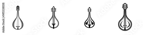This vector illustration features four distinct string instruments, each with a unique design and shape