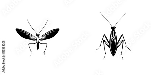 Vector illustration of two distinct styles of mantis icons featuring detailed line work in a minimalist black and white design