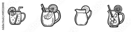 Refreshing beverage vector illustrations featuring various drinks served in unique containers with garnishes for summer enjoyment
