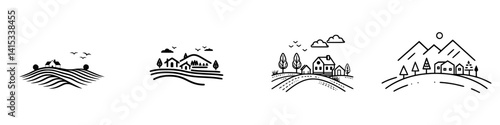Vector illustration icons depicting rural landscapes with houses, fields, and mountains during daytime
