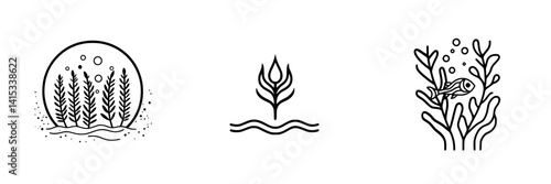 Vector illustration icons showcasing aquatic plants, underwater elements, and marine life in a minimalist design style