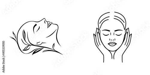 Vector illustration of a peaceful woman enjoying a facial treatment with natural elements and serene expressions in a minimalistic style