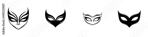 Vector illustration of four unique mask designs with distinct shapes and colors suitable for various artistic applications