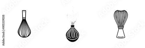 Vector illustration of three unique kitchen whisks displaying different designs and styles for culinary enthusiasts