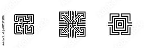 Vector illustration icons featuring intricate maze designs in a minimalist style ideal for modern digital applications