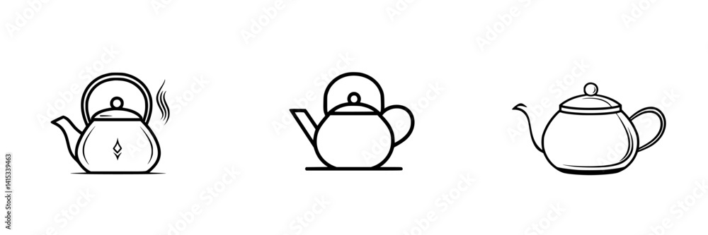 Vector illustration of three unique kettle designs showcasing various shapes and styles for modern kitchen decor Vector illustration of three unique kettle designs showcasing various shapes and styles for modern kitchen decor