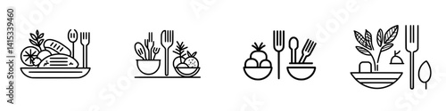 Vector illustration icons of diverse dining plates featuring fresh ingredients, cutlery, and culinary elements