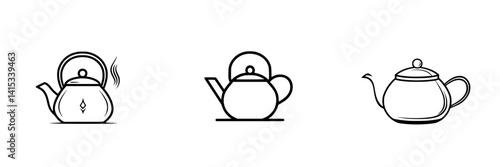 Vector illustration of three unique kettle designs showcasing various shapes and styles for modern kitchen decor