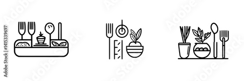 Vector illustration depicting various dining utensils and healthy food items arranged creatively in a minimalist style