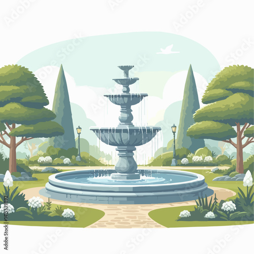 vector illustration of a garden with a faountain 