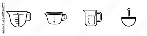 Various vector illustrations of measuring cups and spoons used for cooking and baking in a kitchen setting