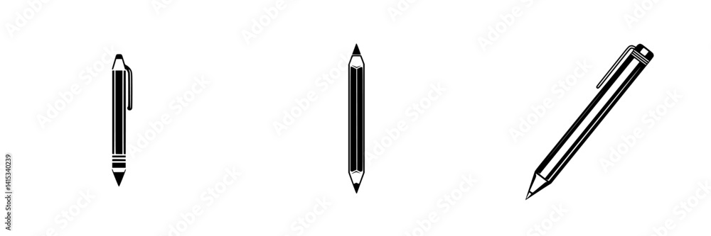 Vector illustration of various writing instruments showcasing a pen, pencil, and crayon in a minimalistic design Vector illustration of various writing instruments showcasing a pen, pencil, and crayon in a minimalistic design