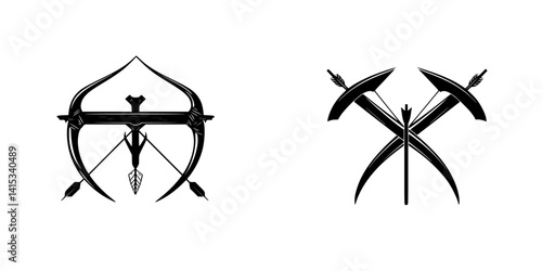 Vector illustration of archery and scythe icons representing hunting and agricultural themes with a minimalistic style