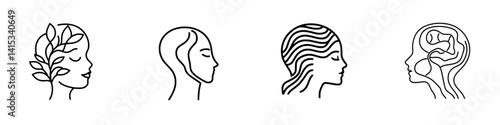 Four vector illustrations of women's profiles displaying different hairstyles and expressions representing individuality and creativity