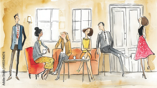 A stylish illustration of six people engaged in conversation, showcasing contemporary fashion and a cozy indoor setting.