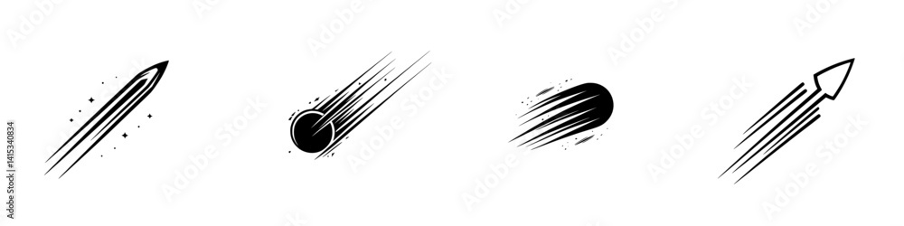 Vector illustration of dynamic objects in motion showcasing a comet, meteor, planet, and rocket in sleek black design Vector illustration of dynamic objects in motion showcasing a comet, meteor, planet, and rocket in sleek black design