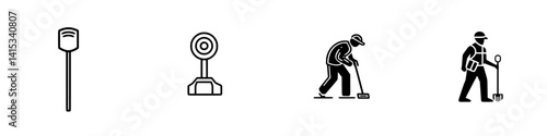 Vector illustration of construction tools and workers engaged in various activities at a worksite during the day