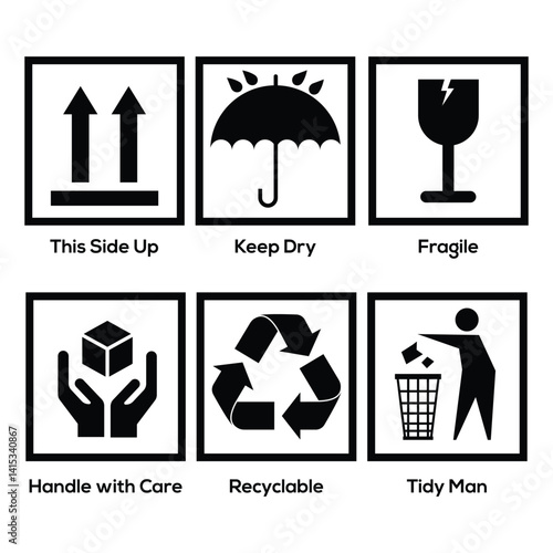 Packaging and warning icon set. Cardboard packaging sign labels. Marking the box or packaging of products. Common packaging, warning symbol set.