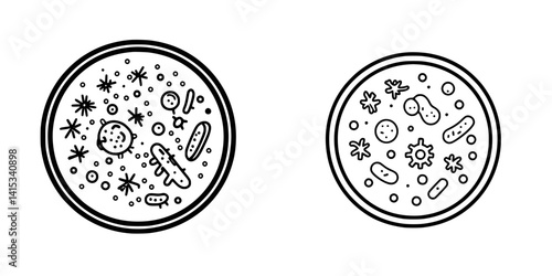 Vector illustration of diverse microscopic organisms in petri dishes illustrating microbial life and study of biology