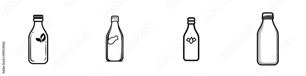 Vector illustration icons of various bottle designs showcasing different labels and shapes for product branding Vector illustration icons of various bottle designs showcasing different labels and shapes for product branding