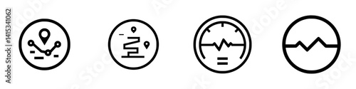 Vector illustration of navigation icons showing location tracking, path navigation, performance metrics, and mapping tools