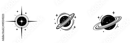 Vector illustration of celestial bodies featuring stars and planets with rings in a minimalist style