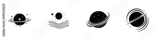Vector illustration of planets and celestial elements showcasing diverse designs in a minimalist style