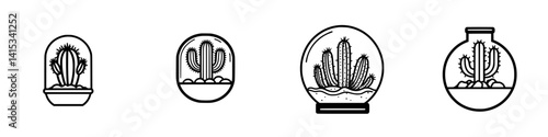 Cactus illustrations showing different styles of terrariums and glass containers in a minimalistic design