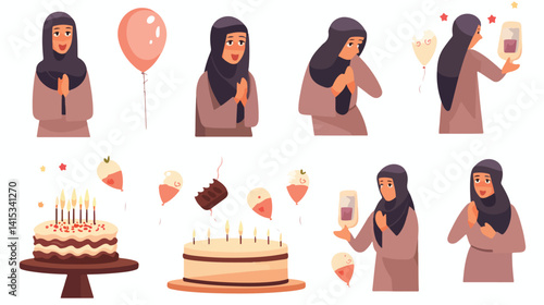 Arabic Woman Character Poses and Emotions in Vector Illustration