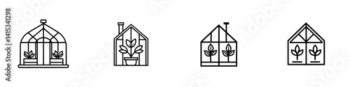 Vector illustration of minimalist greenhouse icons showcasing different designs and plant arrangements ideal for gardening themes