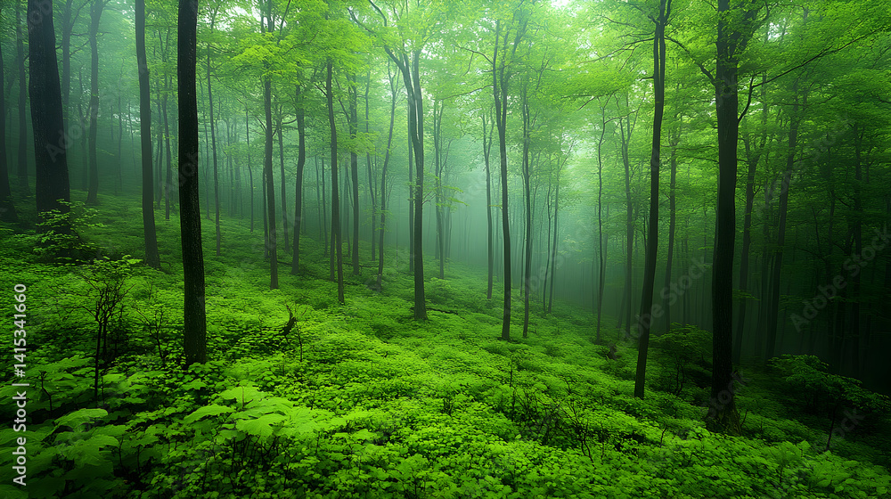 Naklejka premium Verdant forest landscape with lush green ground cover tall trees reaching upwards into the misty atmosphere Tranquil a