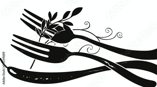 Elegant Black Silhouette of Fork with Sausage and Aroma Vector Illustration